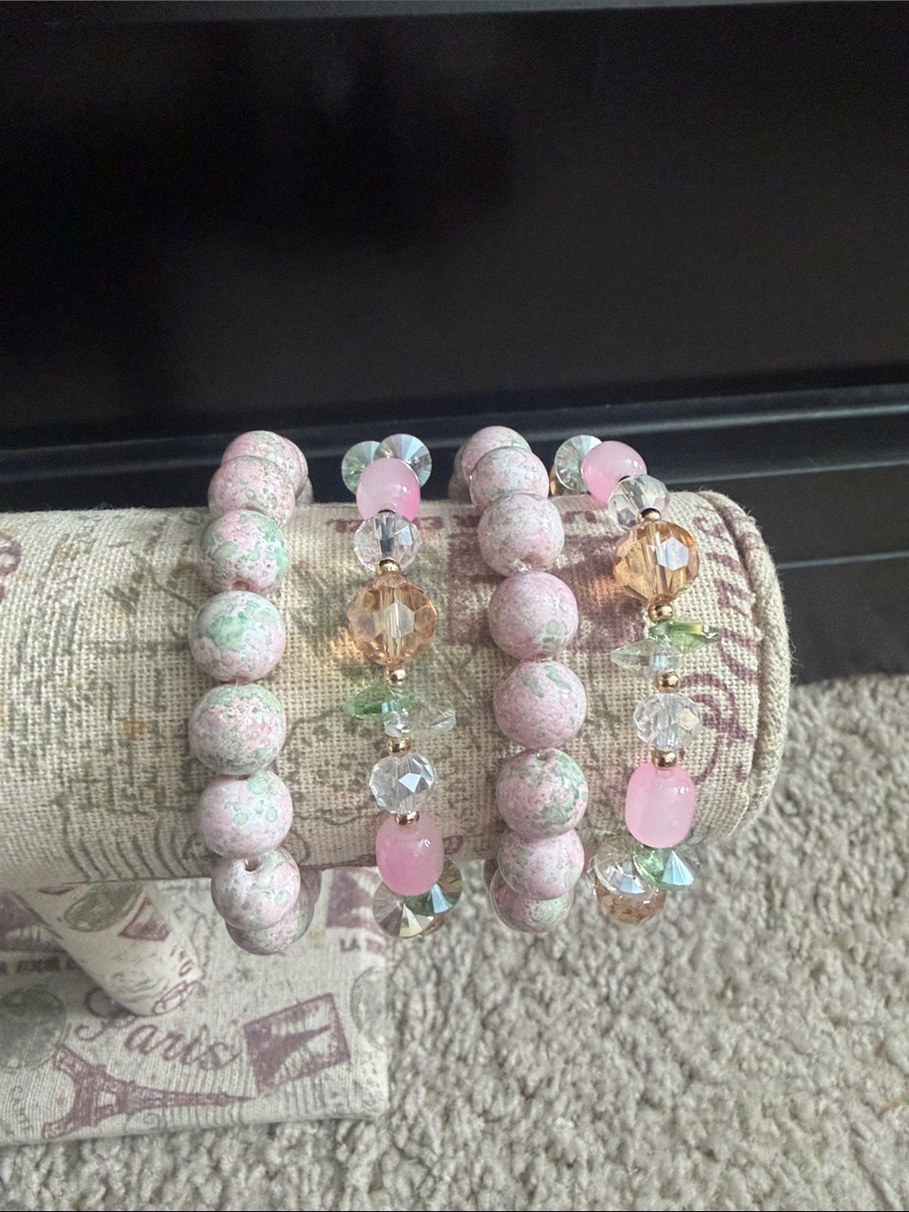 Pink and Green Glass Beaded Stretch Bracelet Set